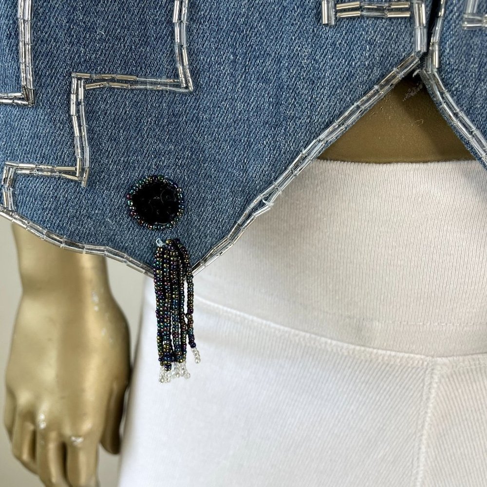 KNOT KNOTS BEADED AND SEQUINS EMBELLISHED WESTERN DENIM VEST SIZE XL - Picture 5 of 8